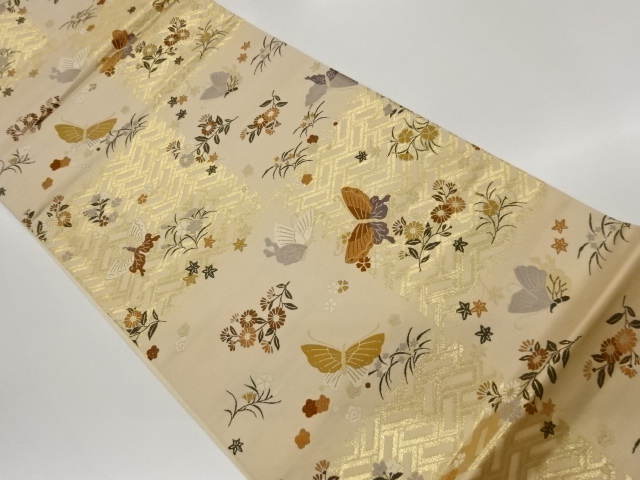 JAPANESE KIMONO / FUKURO OBI / WOVEN ICHIMATSU PATTERN & FLOWER